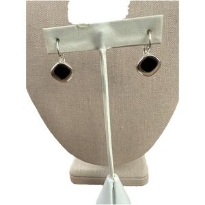 Vintage Silver Tone Metal Black Onyx Leaf Dangle Leverback Earrings E3-3